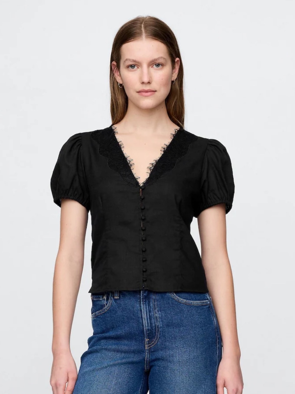 Gap Black Lace-Trim Linen Puff Sleeve Top - Sz Medium 
Linen / Casual